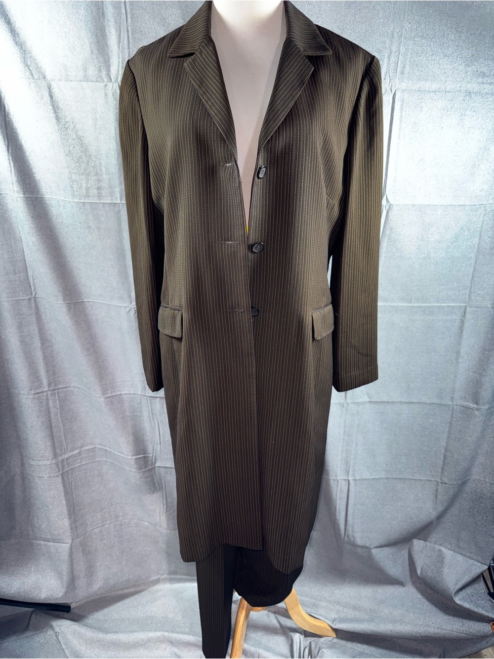 2560- Vintage Studio One Olive Pinstripe 3-Piece Suit Set-Long Coat Dress Pants